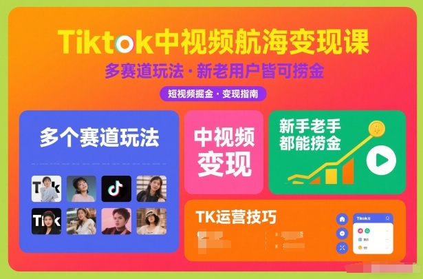 Tiktok中视频航海变现课，多个赛道玩法，新手老手都能在TK中视频捞金创客联盟总站-闲云创业网-老谢轻创网-中创网-福缘网-冒泡网-资源之家-魔方项目库阳明新网创